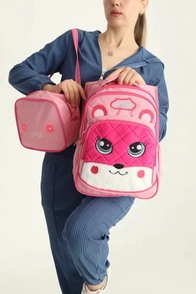 Pembe Peluş Kabartma Desenli Beslenme Çantalı İkili Sırt Çantası Seti 292846