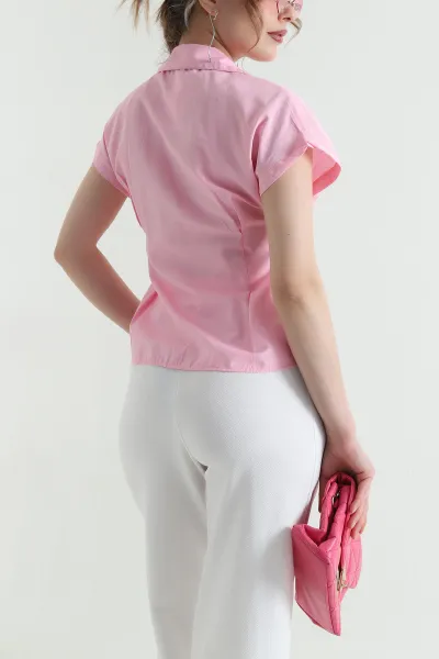 Pembe Pensli Dokuma Kadın Gömlek 452649