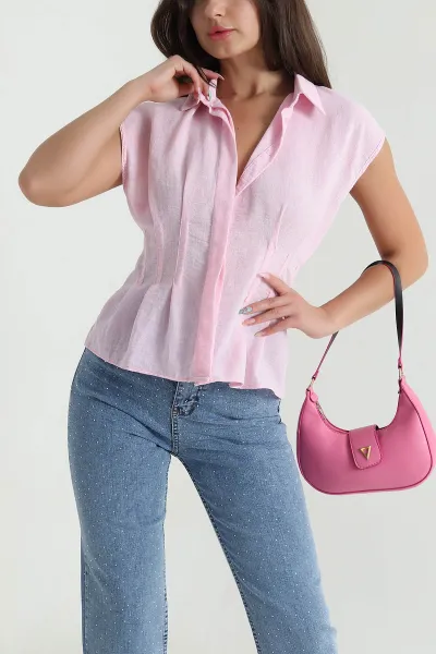 Pembe Pensli Pera Keten Kadın Bluz 468579