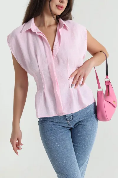 Pembe Pensli Pera Keten Kadın Bluz 468579