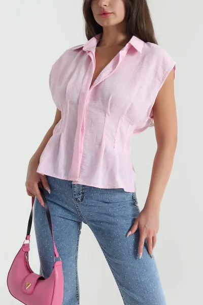 Pembe Pensli Pera Keten Kadın Bluz 468579
