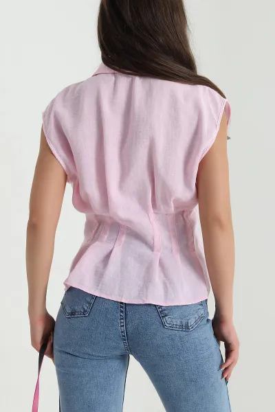 Pembe Pensli Pera Keten Kadın Bluz 468579
