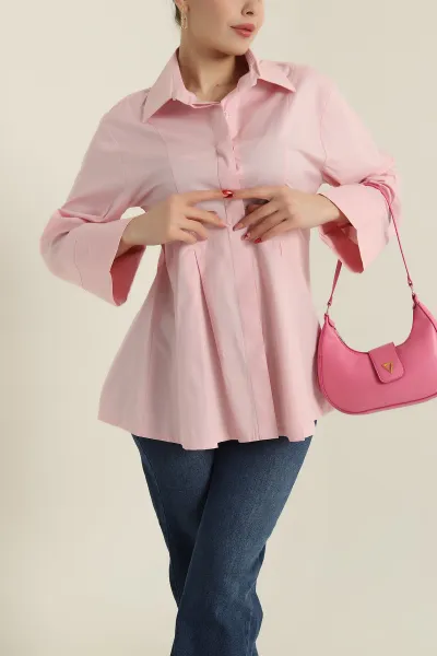 Pembe Pensli Volanlı Poplin Kadın Gömlek 425392