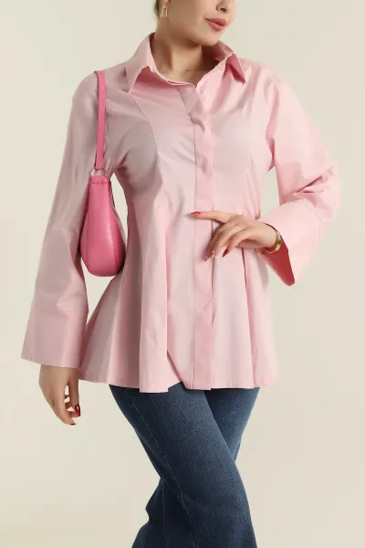 Pembe Pensli Volanlı Poplin Kadın Gömlek 425392