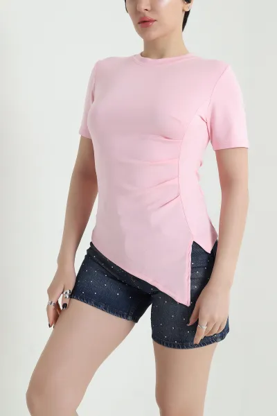 Pembe Pileli Asimetrik Kesim Kadın Bluz 456014