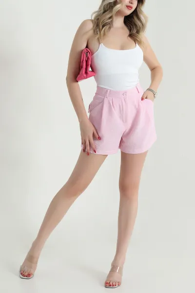 Pembe Pileli Cepli Keten Kadın Şort 472377