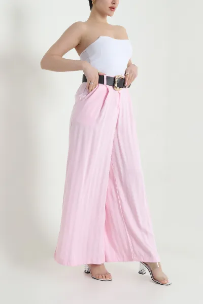 Pembe Pileli Cepli Tencel Cupra Kadın Pantolon 456525