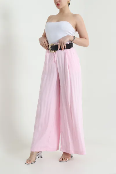 Pembe Pileli Cepli Tencel Cupra Kadın Pantolon 456525