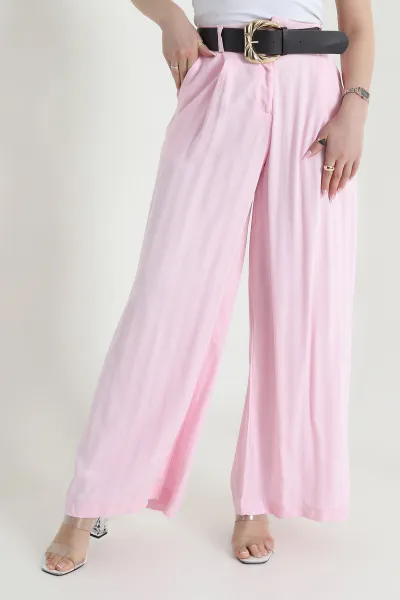 Pembe Pileli Cepli Tencel Cupra Kadın Pantolon 456525