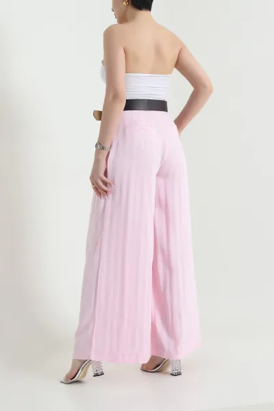 Pembe Pileli Cepli Tencel Cupra Kadın Pantolon 456525