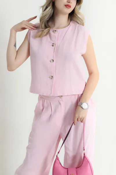 Pembe Pileli Düğmeli Keten Kadın İkili Takım 470579