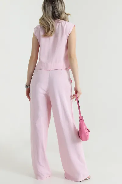 Pembe Pileli Düğmeli Keten Kadın İkili Takım 470579