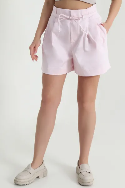 Pembe Pileli Ecem Gabardin Kadın Şort 459391