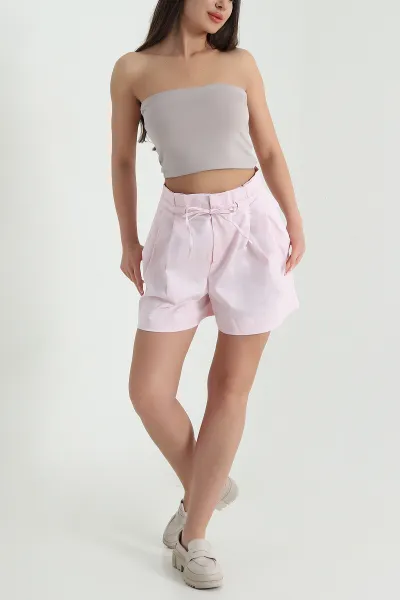 Pembe Pileli Ecem Gabardin Kadın Şort 459391