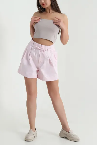 Pembe Pileli Ecem Gabardin Kadın Şort 459391