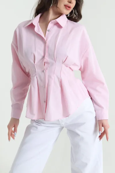 Pembe Pileli Poplin Kadın Gömlek 447510
