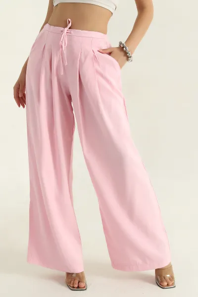 Pembe Pileli Tencel Bol Paça Kadın Pantolon 369813