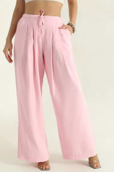 Pembe Pileli Tencel Bol Paça Kadın Pantolon 369813
