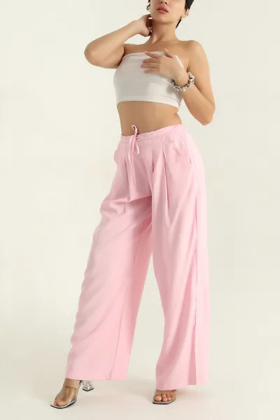 Pembe Pileli Tencel Bol Paça Kadın Pantolon 369813