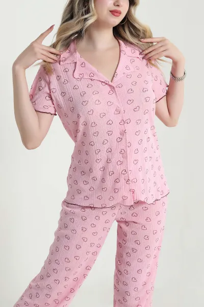 Pembe Pointel Düğmeli Kadın Pijama Takımı 478567