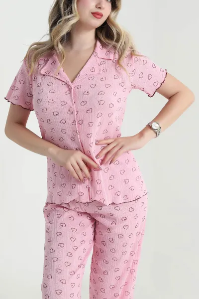 Pembe Pointel Düğmeli Kadın Pijama Takımı 478567