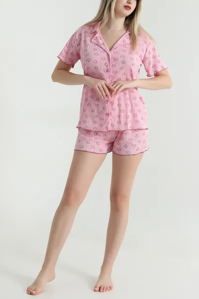 Pembe Pointel Düğmeli Şortlu Kadın Pijama Takımı 465823