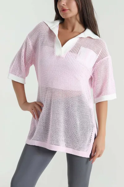 Pembe Polo Yaka Ajurlu Triko 477713