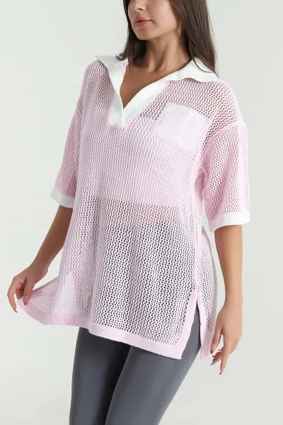 Pembe Polo Yaka Ajurlu Triko 477713