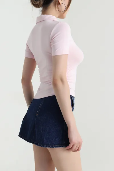 Pembe Polo Yaka Büzgülü Viskon Kadın Bluz 473792