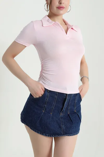 Pembe Polo Yaka Büzgülü Viskon Kadın Bluz 473792