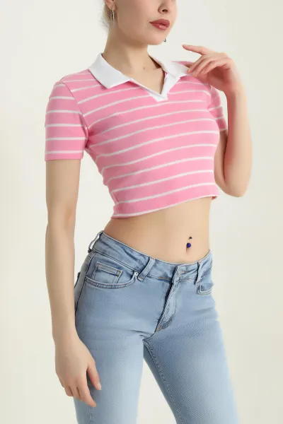 Pembe Polo Yaka Çizgili Kompak Kadın Tişört 435295