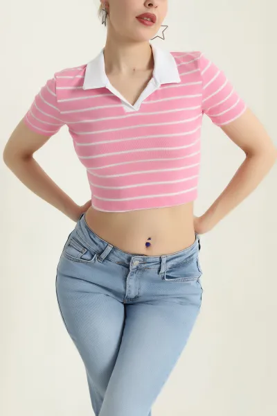 Pembe Polo Yaka Çizgili Kompak Kadın Tişört 435295