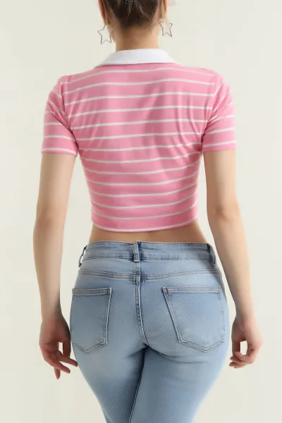 Pembe Polo Yaka Çizgili Kompak Kadın Tişört 435295