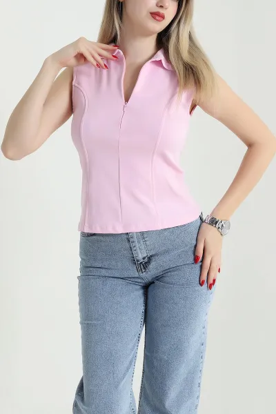 Pembe Polo Yaka Fermuarlı Kadın Body Bluz 467085