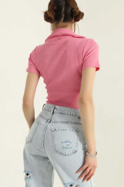 Pembe Polo Yaka Fitilli Bluz 357928