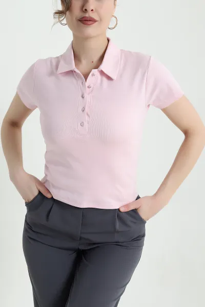 Pembe Polo Yaka Ribana Kadın Bluz 446622