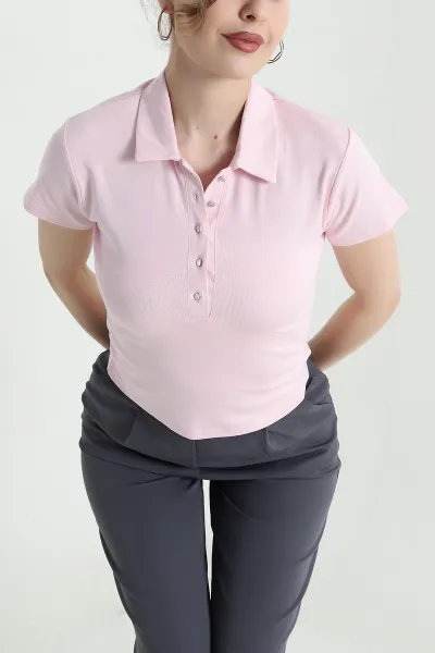 Pembe Polo Yaka Ribana Kadın Bluz 446622