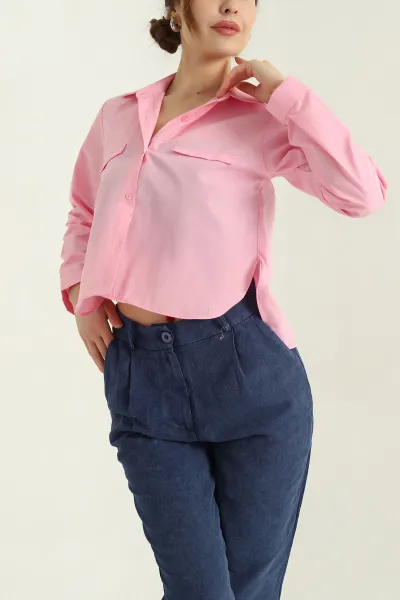 Pembe Poplin Bayan Crop Gömlek 336964