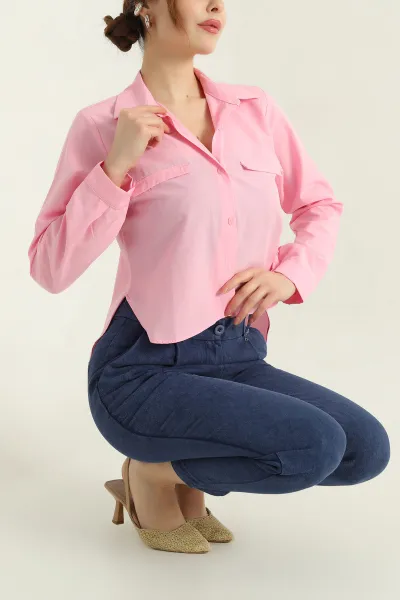 Pembe Poplin Bayan Crop Gömlek 336964
