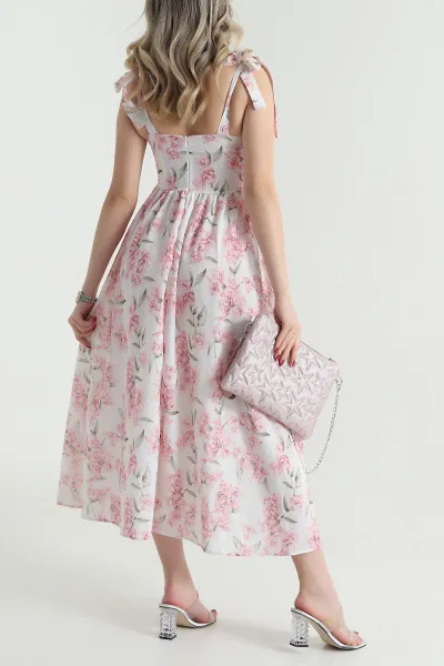 Pembe Poplin Empirme Desenli Kadın Elbise 472837