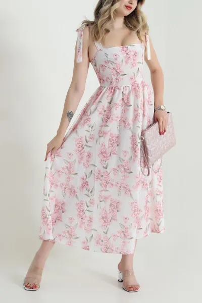 Pembe Poplin Empirme Desenli Kadın Elbise 472837