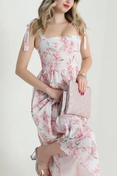 Pembe Poplin Empirme Desenli Kadın Elbise 472837