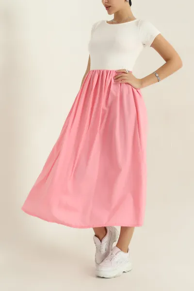 Pembe Poplin Garnilli Kadın Elbise 373071
