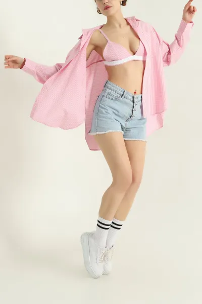 Pembe Poplin Gömlek Büstiyer Bayan İkili Takım 337014