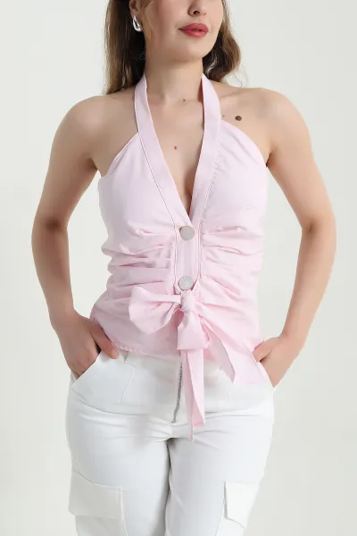 Pembe Poplin Halter Yaka Kadın Yelek 469591