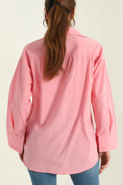 Pembe Poplin Kumaş Gizli Pat Kadın Gömlek 367250