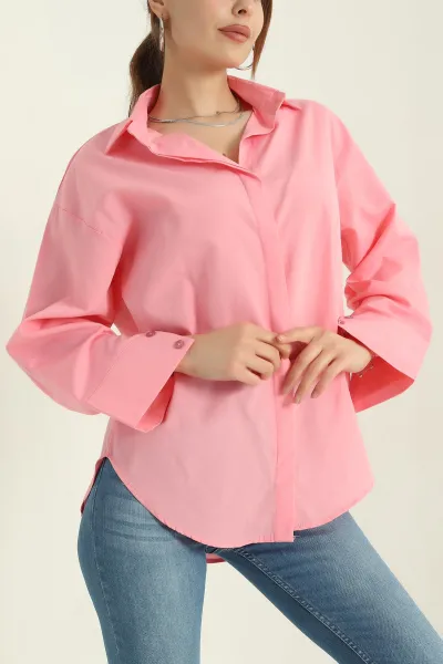 Pembe Poplin Kumaş Gizli Pat Kadın Gömlek 367250
