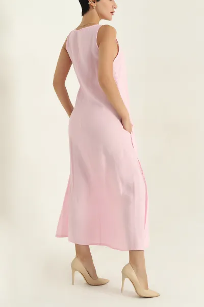 Pembe Poplin Kumaş Kolsuz Kadın Elbise 369835