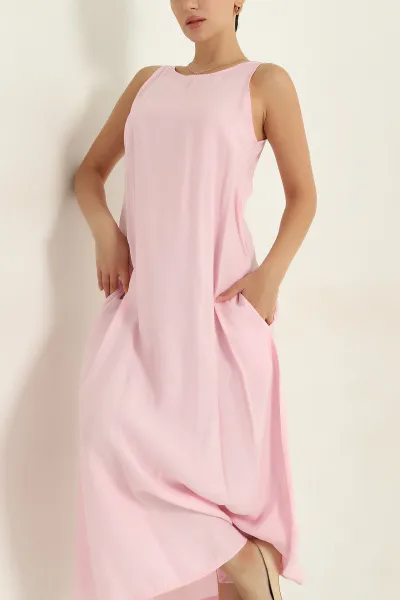 Pembe Poplin Kumaş Kolsuz Kadın Elbise 369835