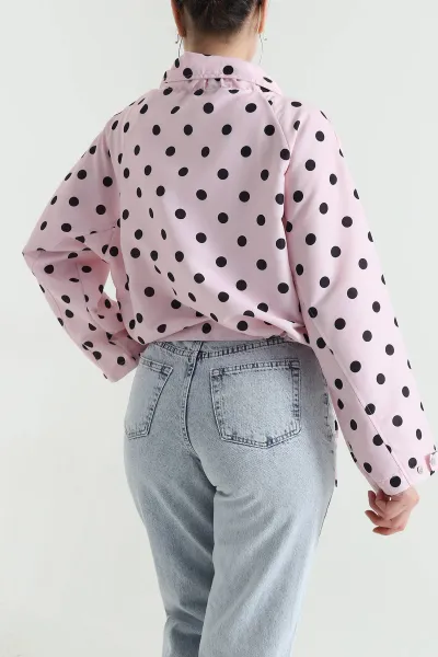 Pembe Puantiyeli Cepli Poplin Kadın İnce Ceket 456991